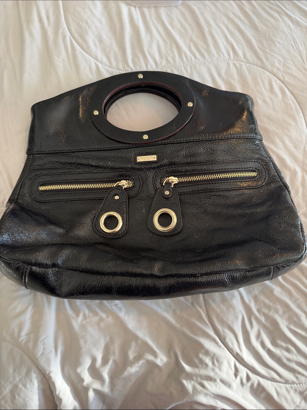 kate spade Black Leather Circle-Handle Shoulder Bag with Gold Hardware. No strap
